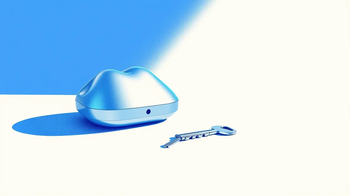 Illustration: A solitary metallic key rests on a sterile white surface next to a sleek, silver cloud-shaped device.