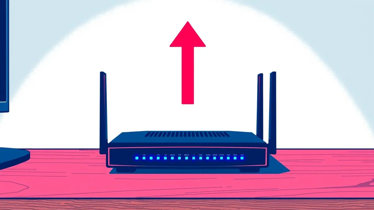 Illustration: A sleek black router sits on a wooden desk with its status lights glowing blue.