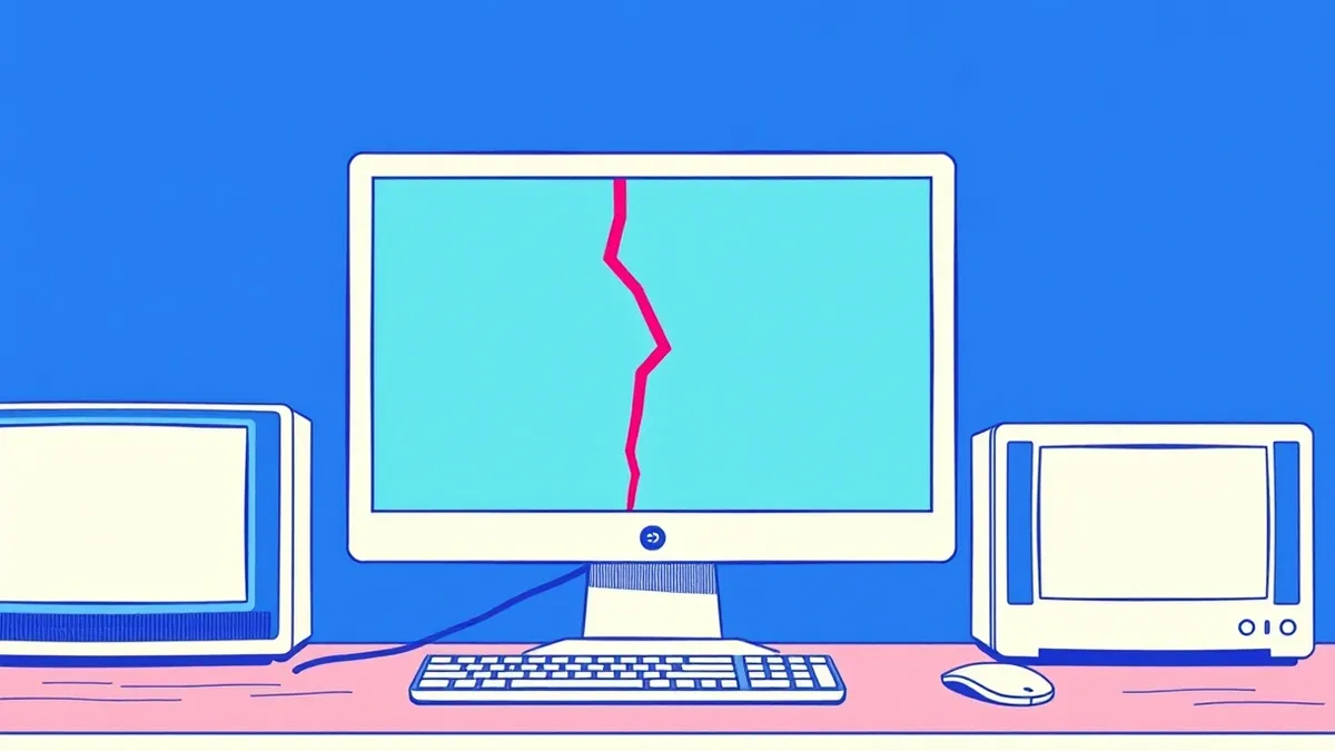 Illustration: A white desktop computer sits on a wooden desk with its monitor displaying a blank, light-blue screen.