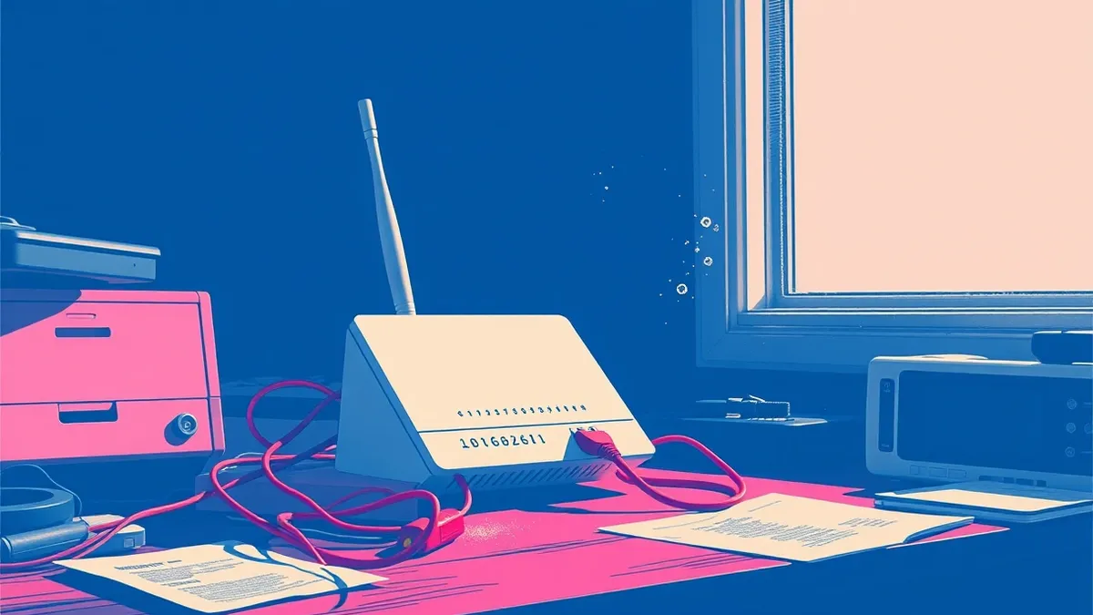 Illustration: A single white router sits on a cluttered wooden desk, its antenna tilted at a precarious angle.