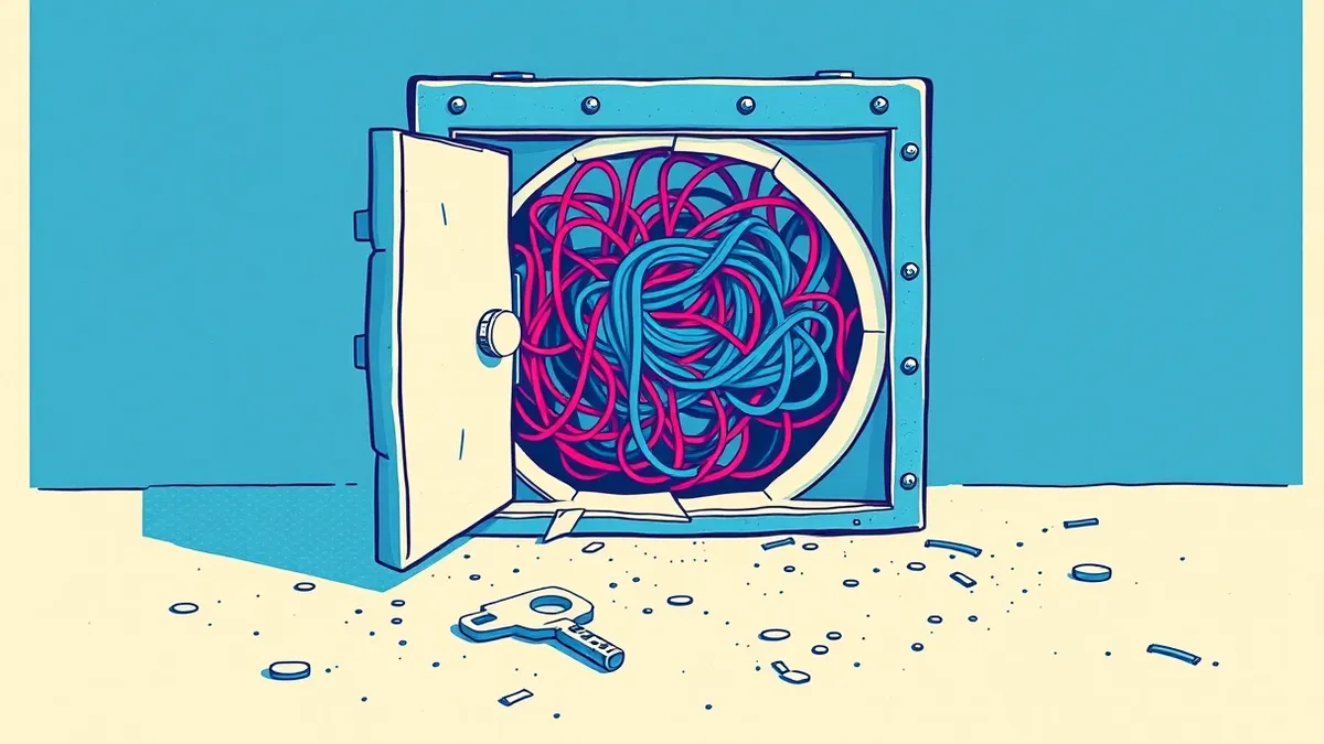 Illustration: A cracked vault door sits open on a dusty floor, revealing tangled digital threads inside.