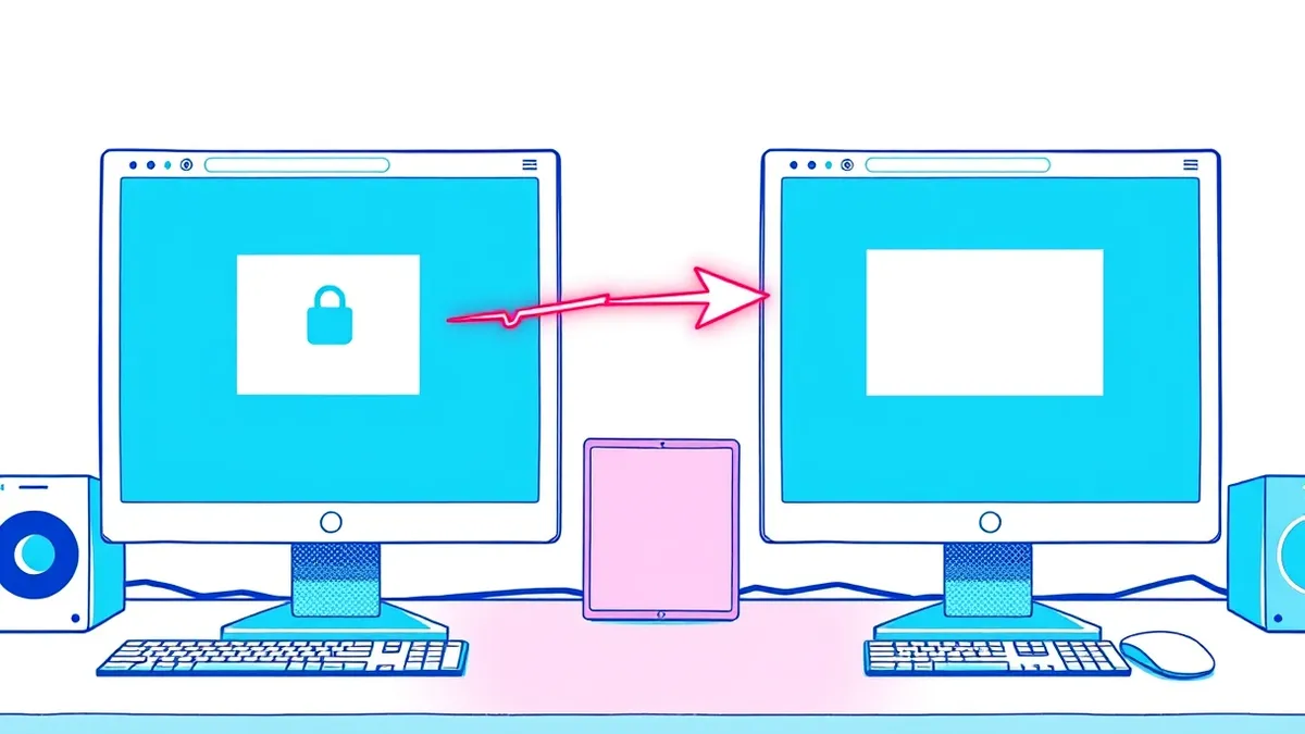 Illustration: Two identical generic web browser windows sit side by side on a clean desk.