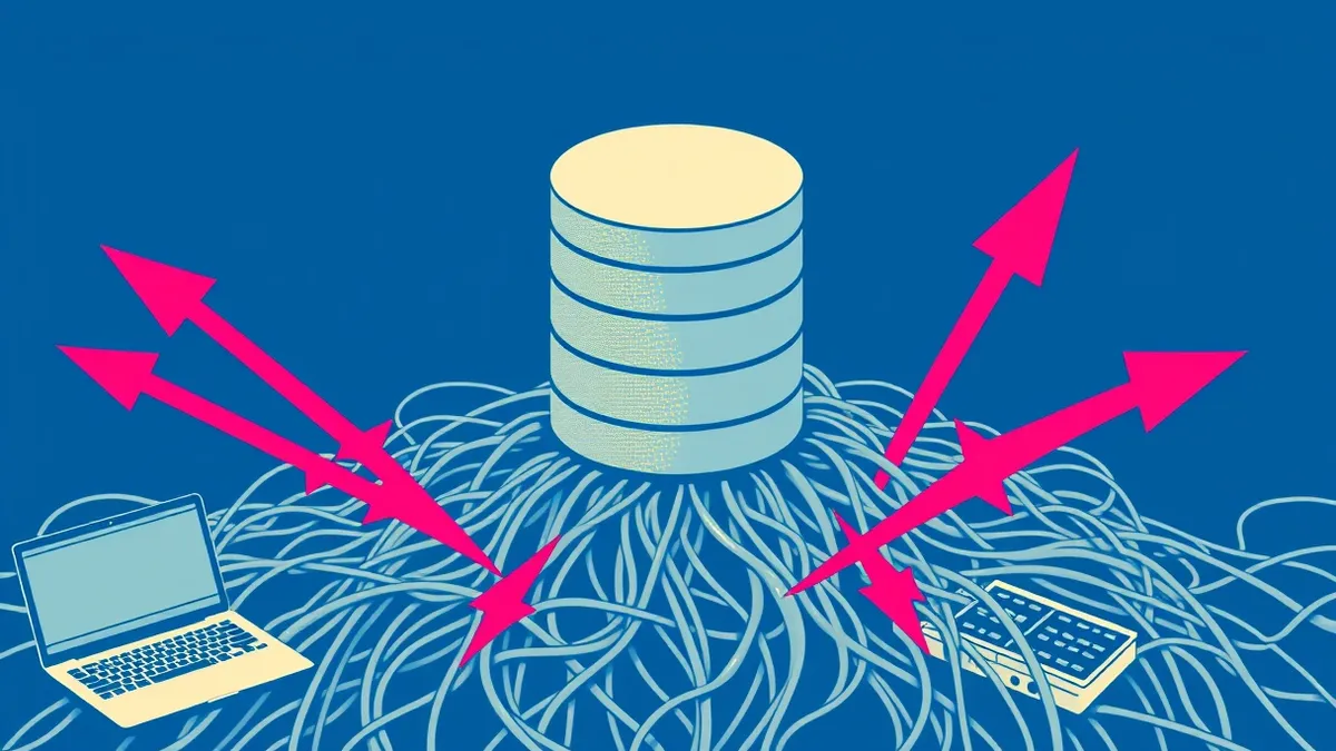 Illustration: A sleek, minimalist database icon floats above a tangled web of unstructured data streams.