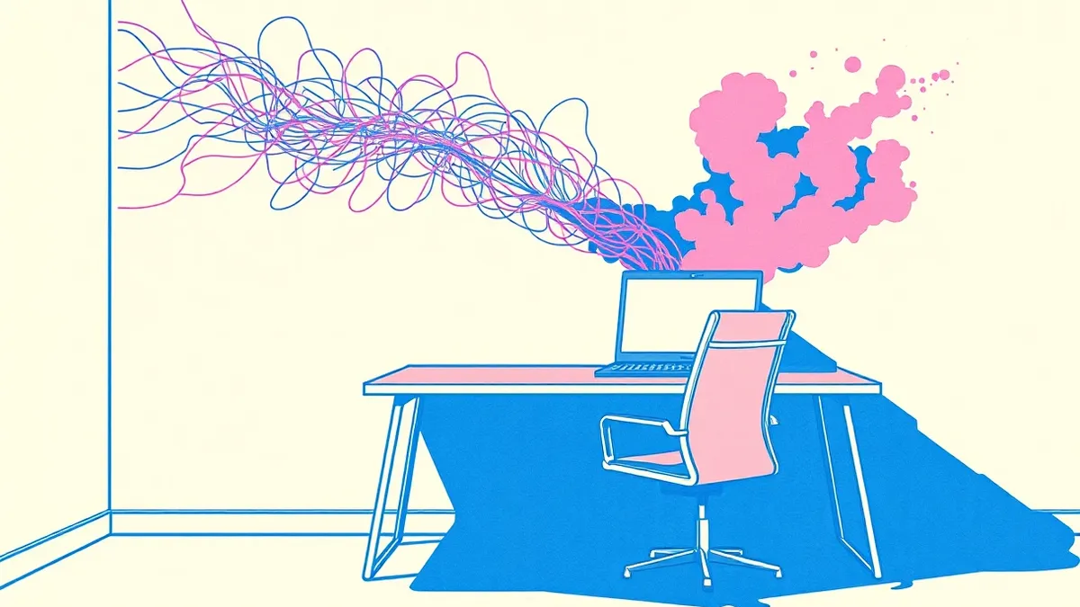 Illustration: A solitary office desk holds a dormant laptop beside an empty chair.