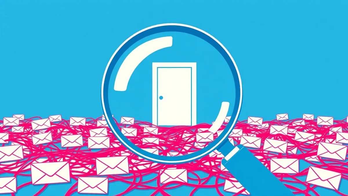 Illustration: A magnifying glass hovers over a tangled web of thin red threads connecting generic envelope icons.