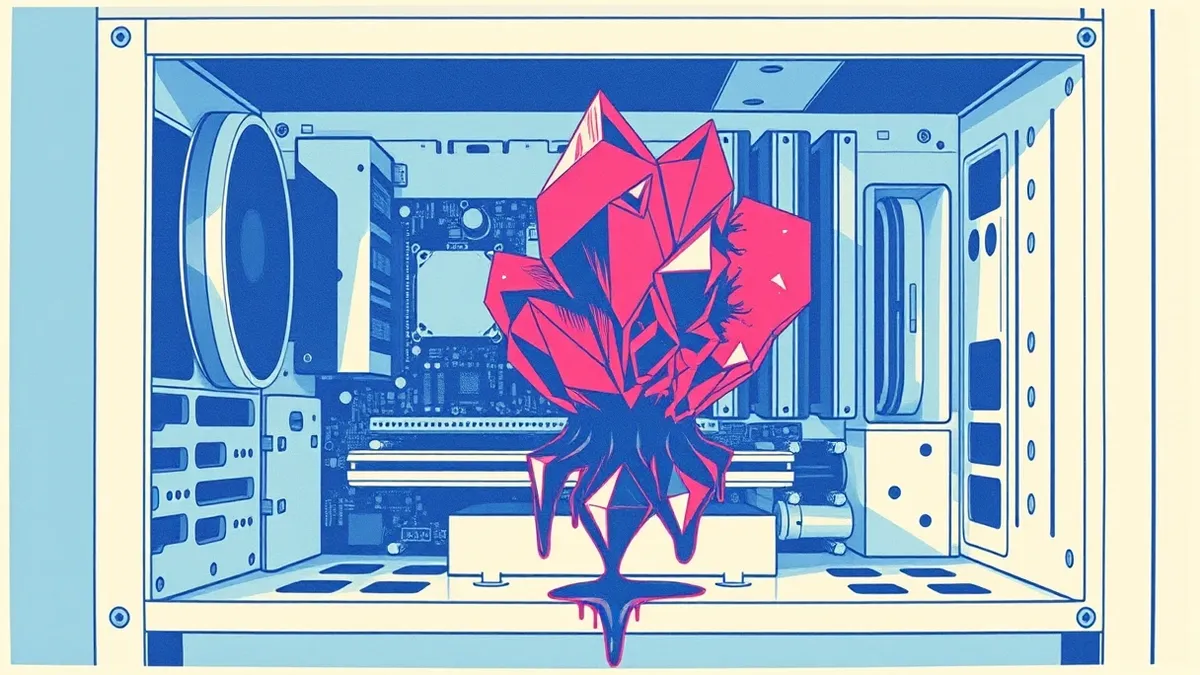 Illustration: A translucent, jagged red crystal sits nestled inside the clean, geometric white casing of a computer motherboard.