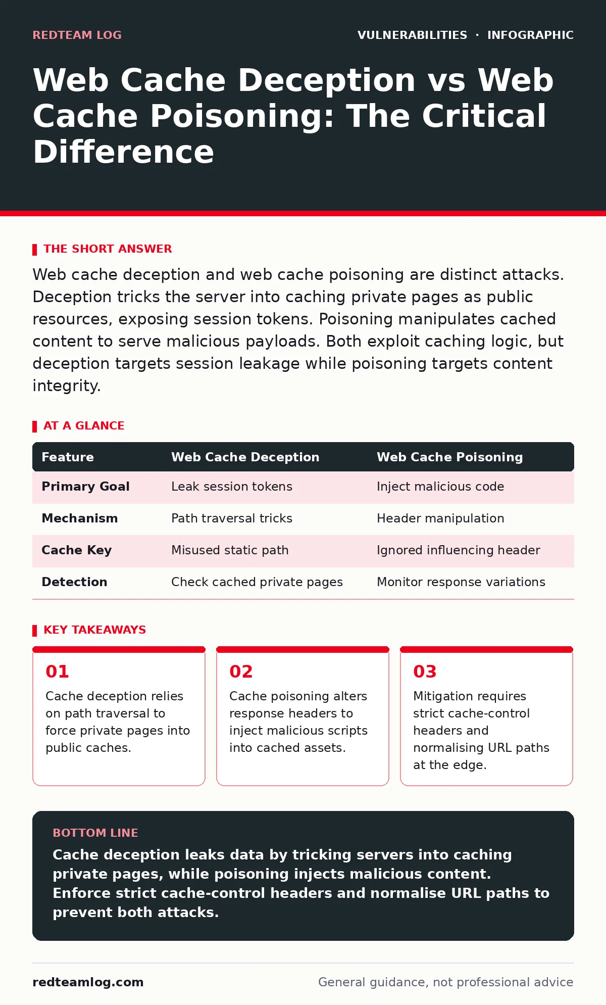 Infographic: Web Cache Deception vs Web Cache Poisoning: The Critical Difference. Cache deception relies on path traversal to force private pages into public caches. Cache poisoning alters response headers to inject malicious scripts into cached assets. Mitigation requires strict cache-control heade