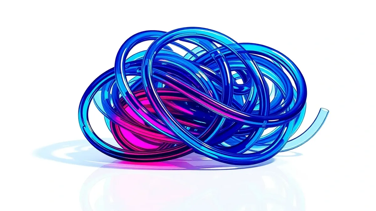 Illustration: A tangled knot of transparent blue glass tubes sits on a polished white table.