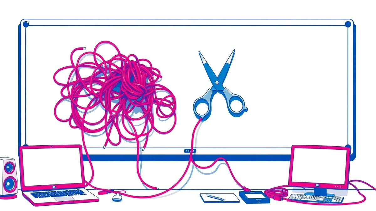Illustration: A whiteboard displays a chaotic tangle of tangled red wires emerging from a single tangled knot.