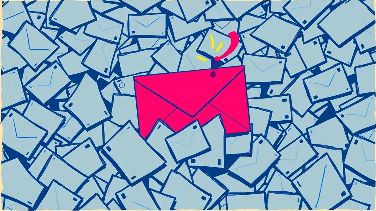 Illustration: A single red envelope floats among a chaotic storm of dull grey junk mail.