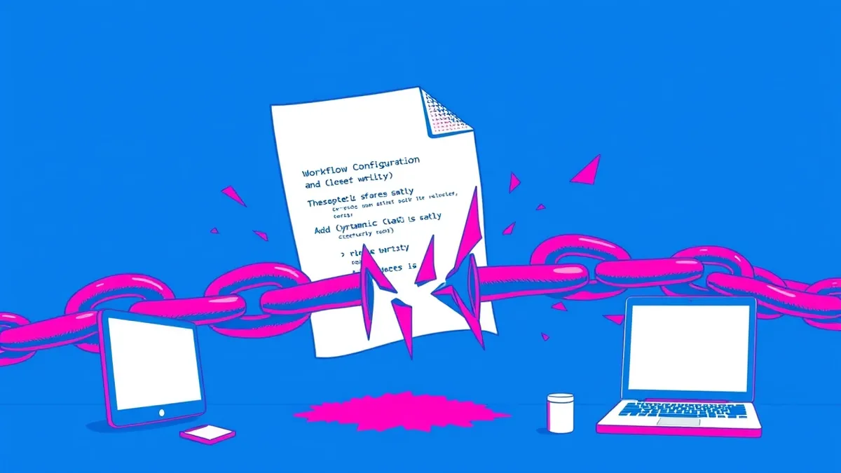 Illustration: A blank workflow configuration file floats above a broken chain link.