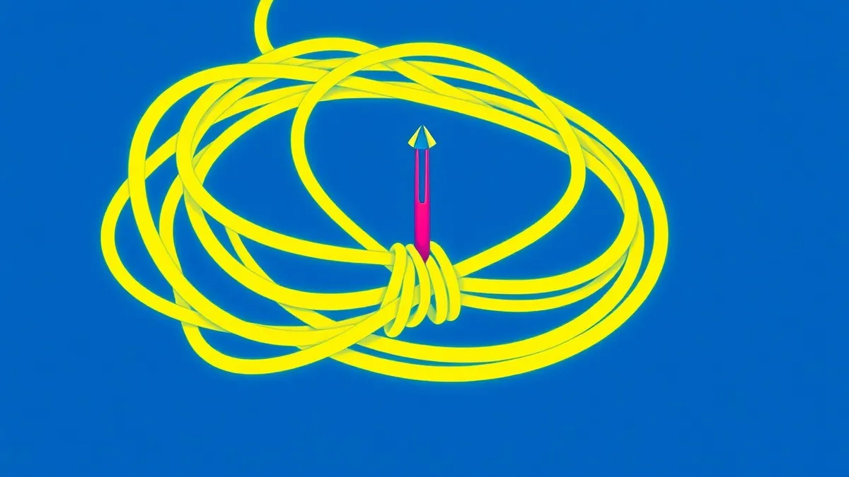 Illustration: A tangled knot of glowing yellow wire loops rests on a dark gray surface.