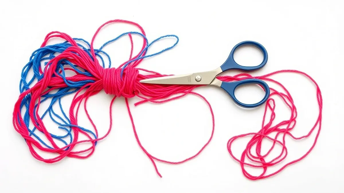 Illustration: A tangled knot of red and blue threads lies on a clean white desk.