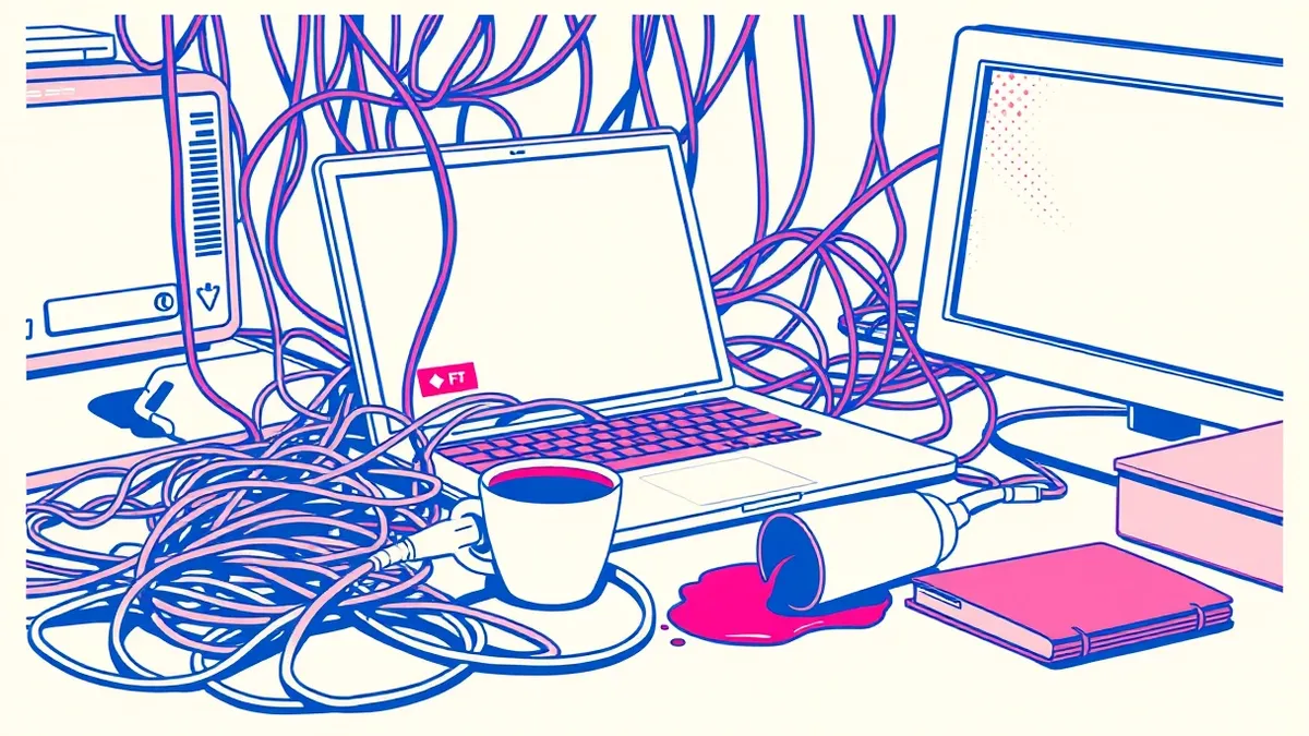 Illustration: A chaotic desk scene shows a tangled nest of ethernet cables snaking around a generic laptop.