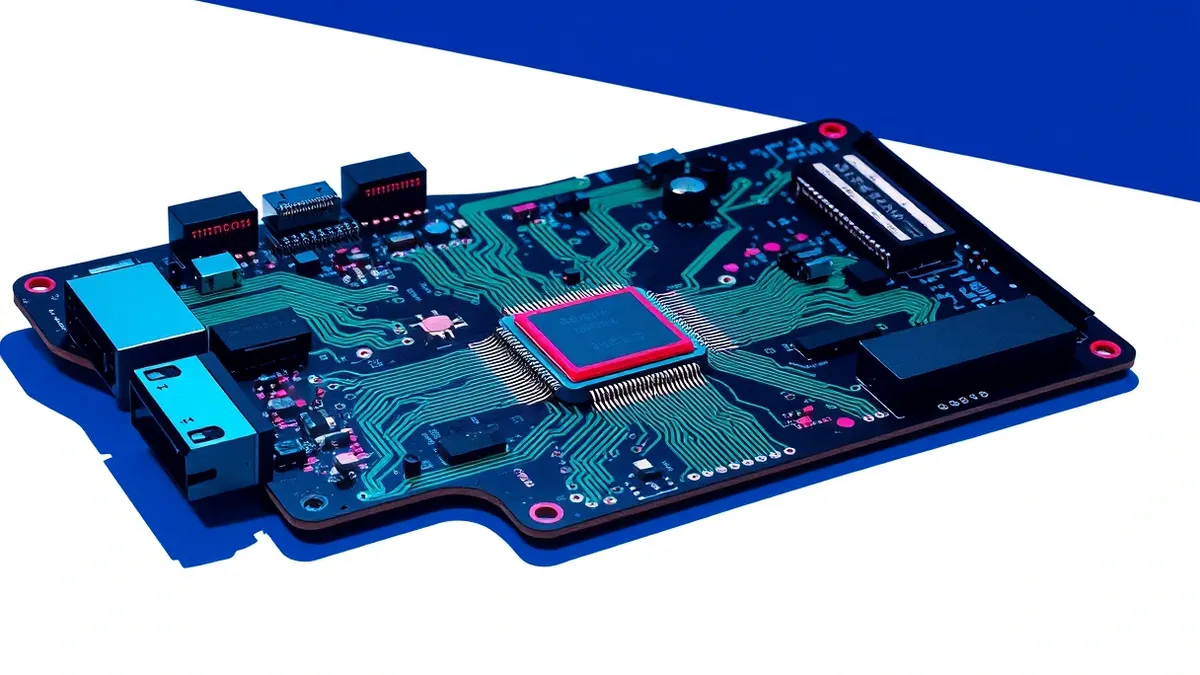 Illustration: A disassembled black circuit board rests on a sterile white surface, its green pathways exposed to harsh overhead light.