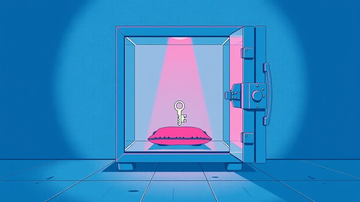 Illustration: A transparent glass vault sits on a concrete floor, containing a single key resting on a velvet cushion.