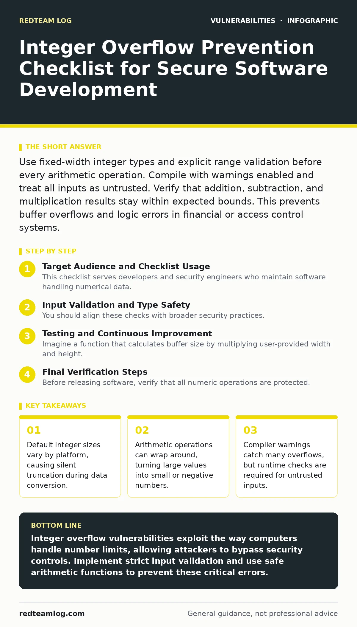 Infographic: Integer Overflow Prevention Checklist for Secure Software Development. Default integer sizes vary by platform, causing silent truncation during data conversion. Arithmetic operations can wrap around, turning large values into small or negative numbers. Compiler warnings catch many overf