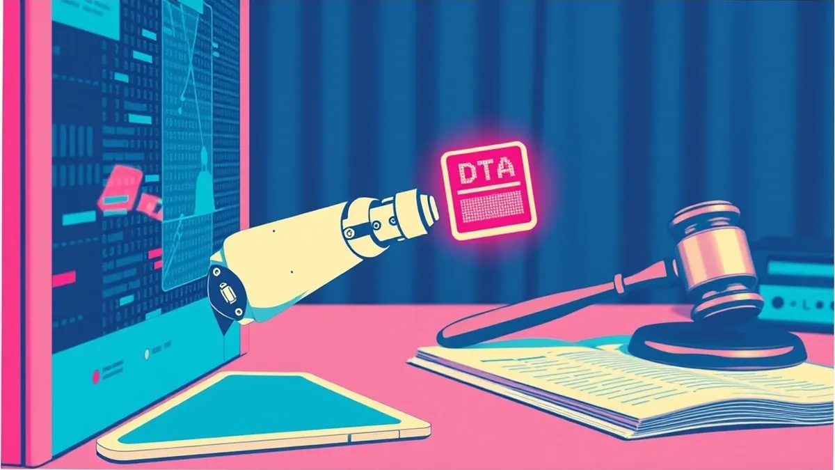 Illustration: A sleek white autonomous robot arm reaches through a digital barrier, its mechanical fingers grasping a glowing data packet outside a containment zone.