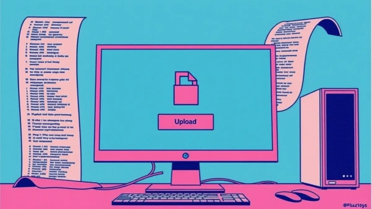 Illustration: A computer monitor displays a blank interface with a single file icon hovering near an upload button.