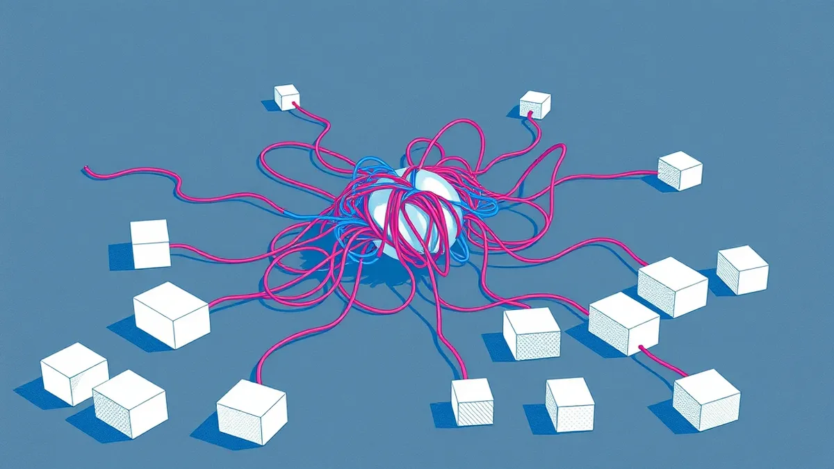 Illustration: A complex web of tangled red and blue threads connects a central silver hub to scattered white blocks on a dark gray surface.