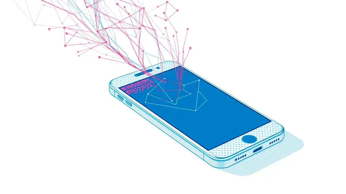 Illustration: A silver smartphone rests on a clean white surface, its screen displaying only abstract geometric shapes.