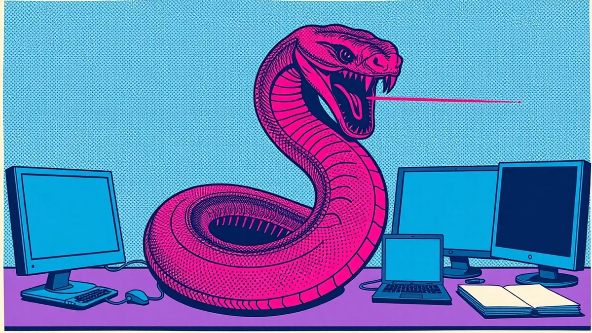 Illustration: A digital serpent twists and changes its skin color with every loop, yet its core remains dark and unchanged.