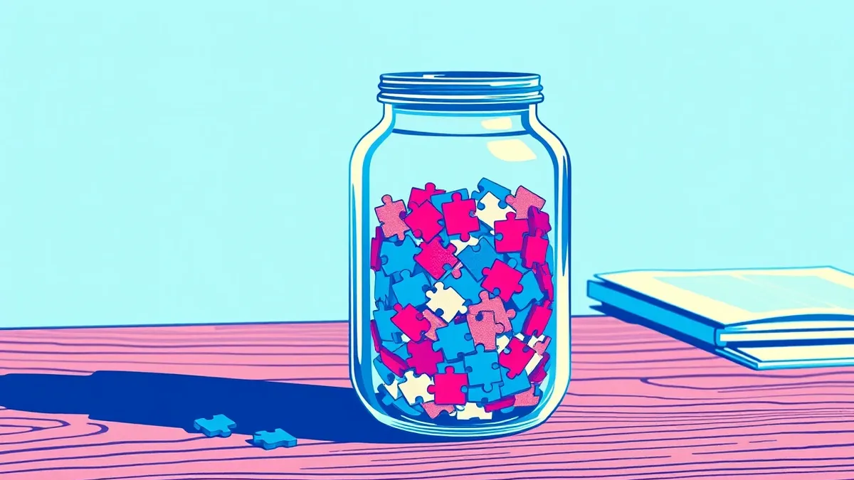 Illustration: A transparent glass jar sits on a wooden table, filled with tiny, colorful puzzle pieces.