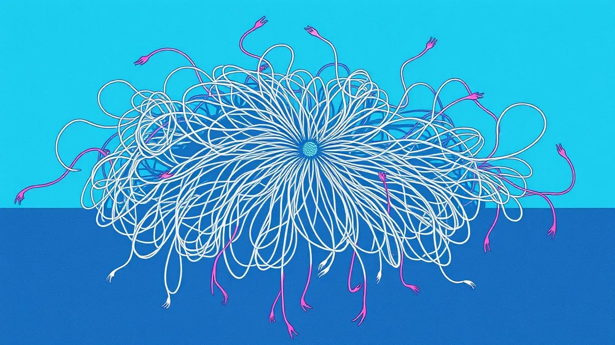 Illustration: A tangled mass of grey digital threads connects a central hub to numerous disconnected endpoints, with several frayed ends dangling loosely in the void.