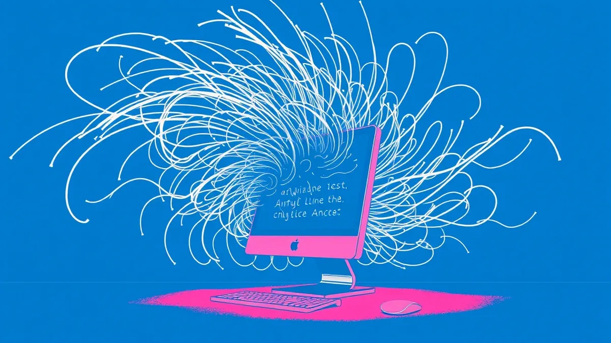 Illustration: A massive, swirling vortex of abstract white lines crashes into a sleek, standalone computer terminal, overwhelming its screen with chaotic motion.