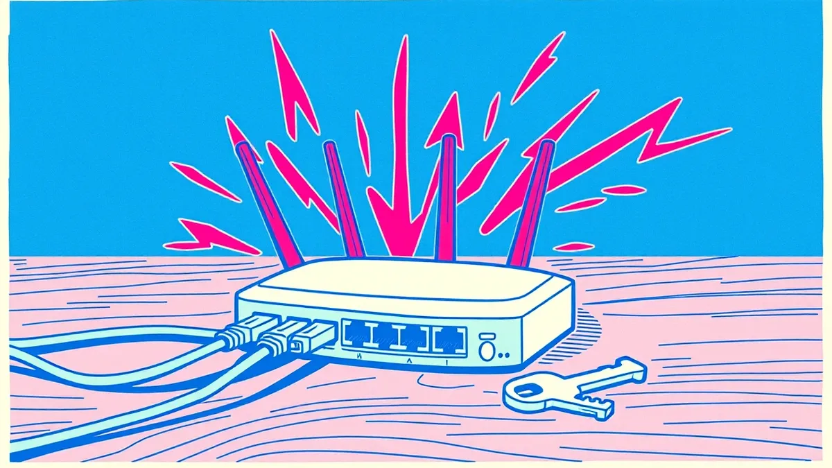 Illustration: A small home router sits on a wooden table with several ethernet cables plugged into its ports.
