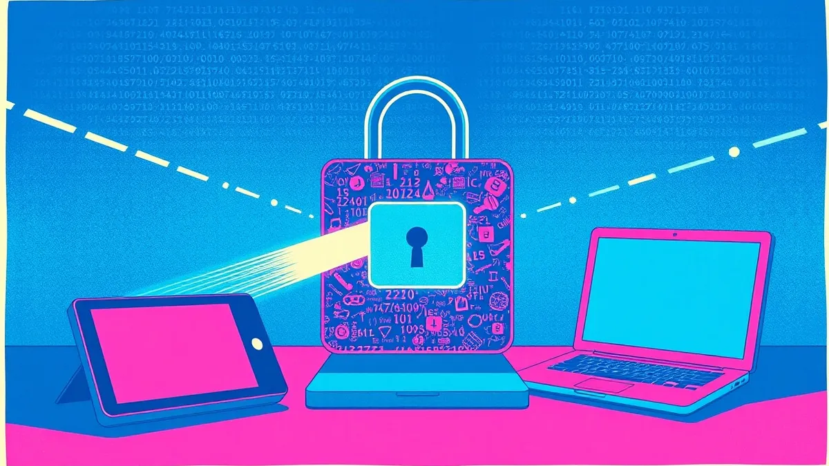 Illustration: A glowing digital lock secures a translucent cube of abstract data.