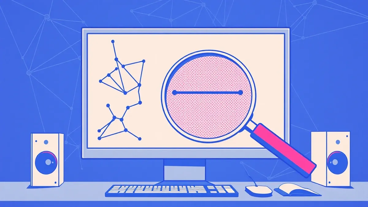 Illustration: A blank computer monitor displays abstract geometric shapes representing network traffic patterns.