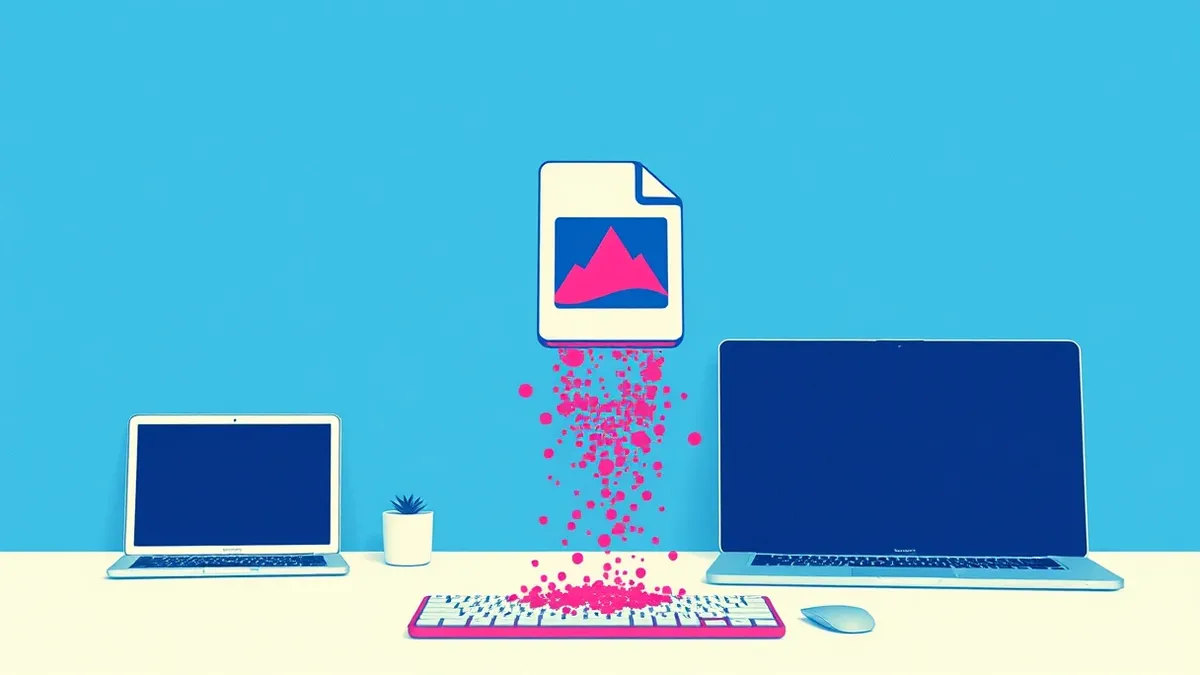 Illustration: A small digital image file icon floats in mid-air, leaking faint, chaotic smudges of raw data from its edges.