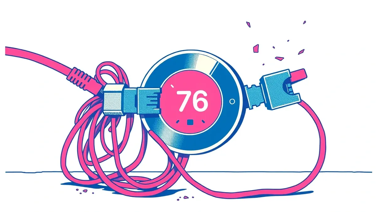 Illustration: A tangled nest of ethernet cables snaking out from a smart thermostat.