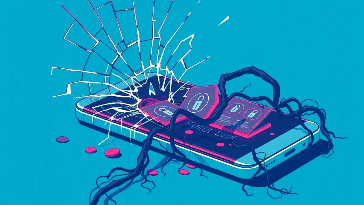 Illustration: A cracked glass pane shatters on a sleek smartphone screen, with jagged shards revealing exposed digital key icons bleeding out from the broken device.