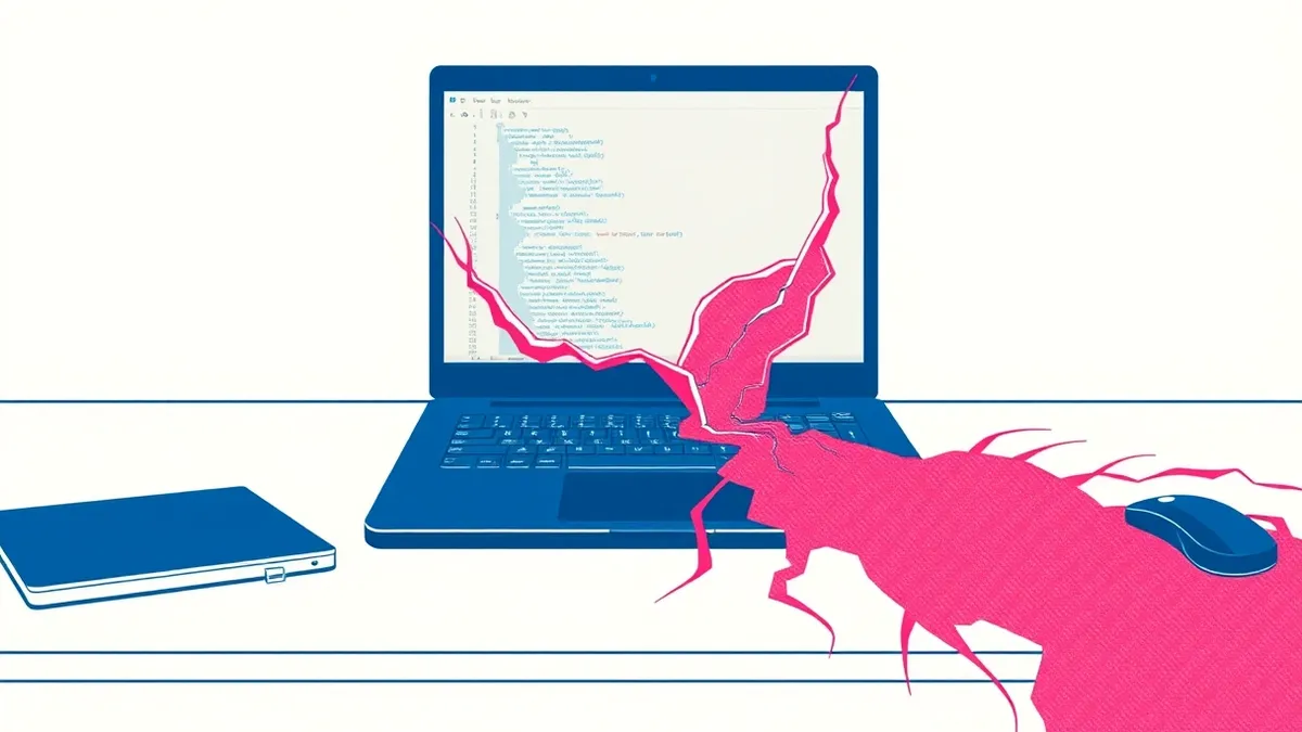 Illustration: A sleek black laptop sits open on a clean desk, its screen displaying a simple Python code editor window.
