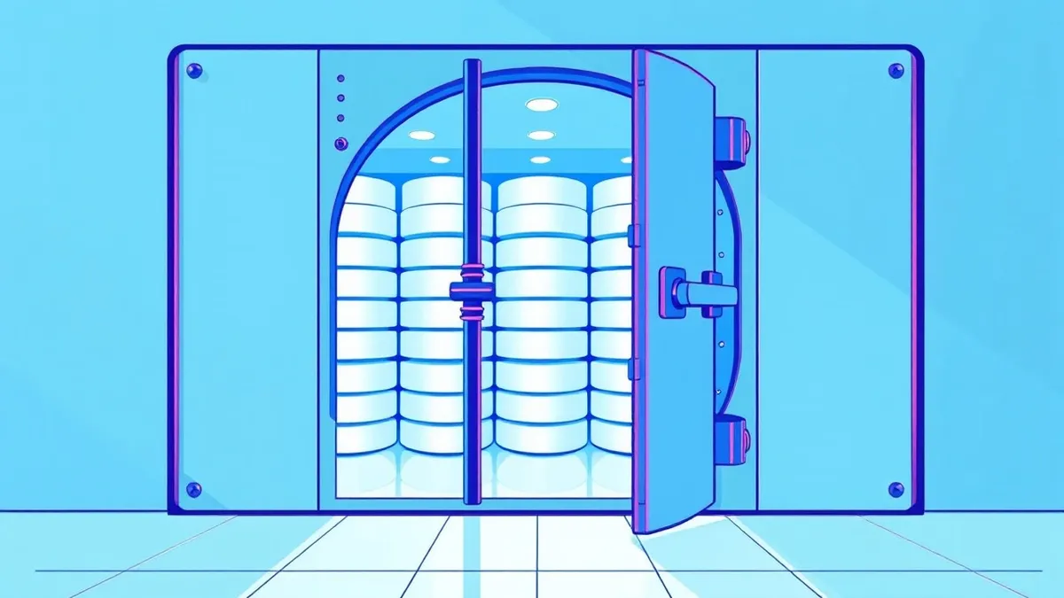 Illustration: A glass vault door stands slightly ajar, revealing rows of pristine white cylinders inside that glow with soft blue light.