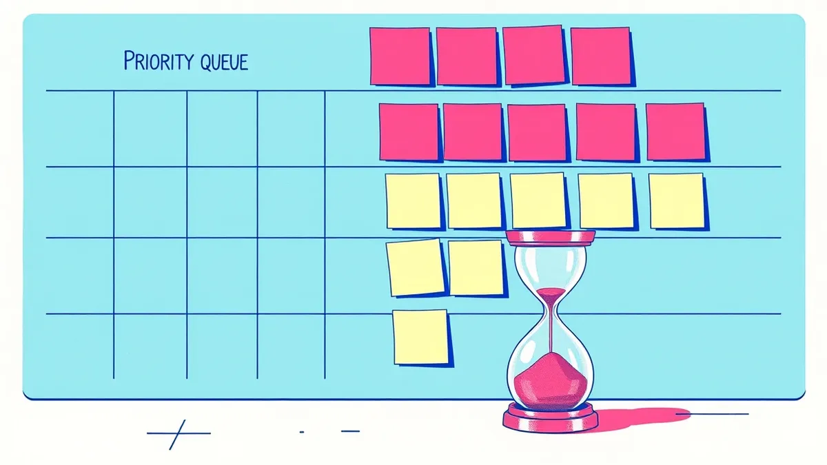 Illustration: A priority queue board displays blank sticky notes arranged by color intensity, with deep red squares clustered at the top and pale yellow ones drifting toward the bo
