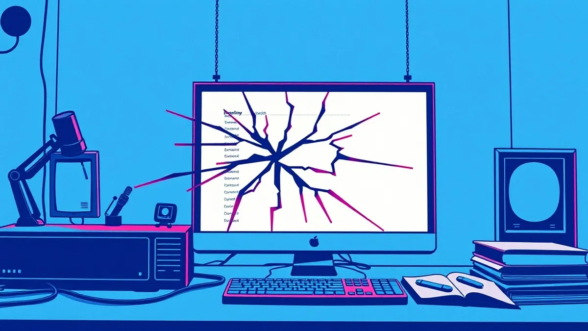 Illustration: A white directory listing interface sits on a desk with jagged digital cracks spreading across the screen, symbolizing a broken database.