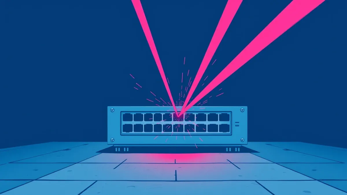 Illustration: A solitary network switch sits on a concrete floor, its front panel blank and smooth.