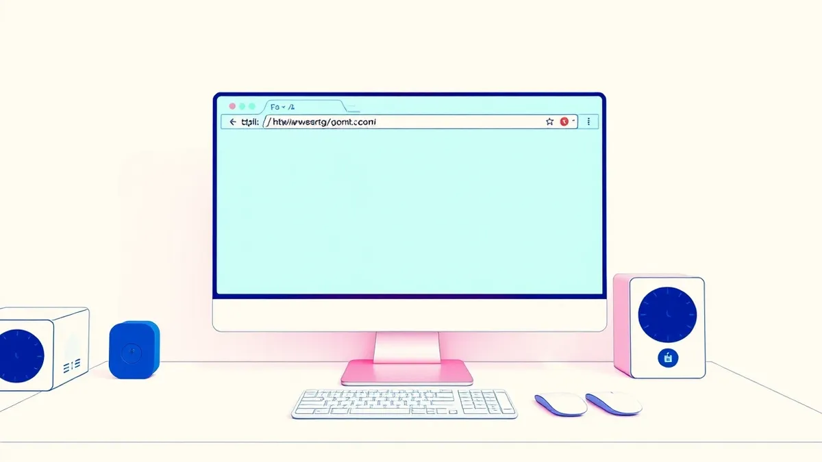 Illustration: A blank web browser window sits on a clean white desk.