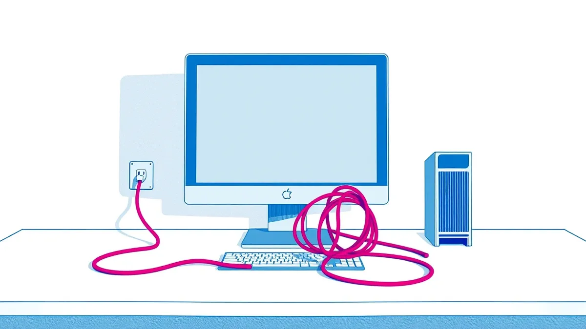 Illustration: A sleek desktop computer sits on a clean white desk, its monitor displaying a blank gray interface.