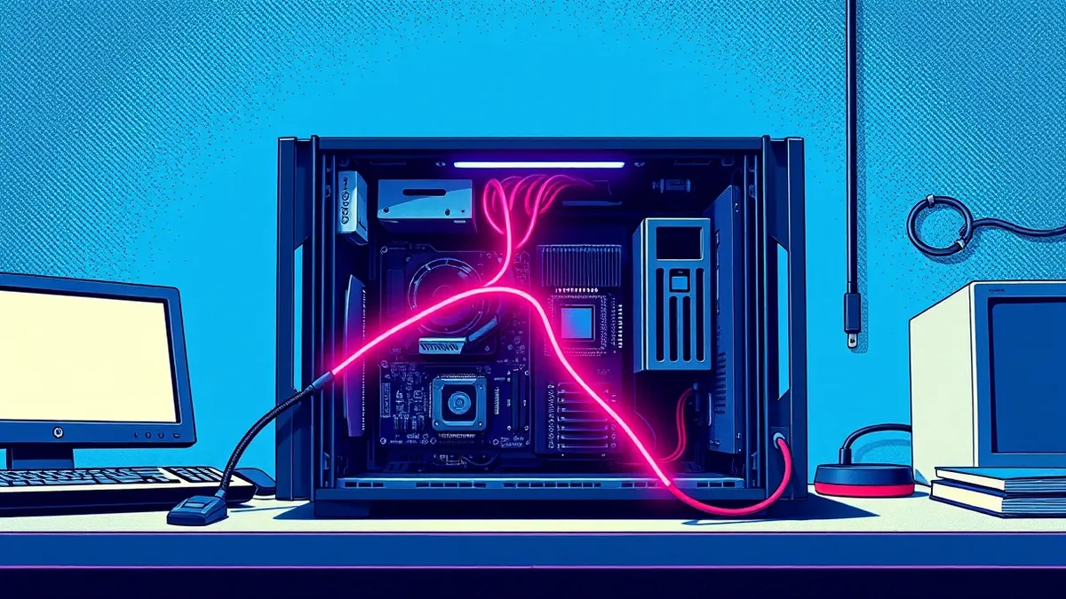Illustration: A generic black server unit sits open on a workbench, its internal circuit boards exposed under a cool blue light.