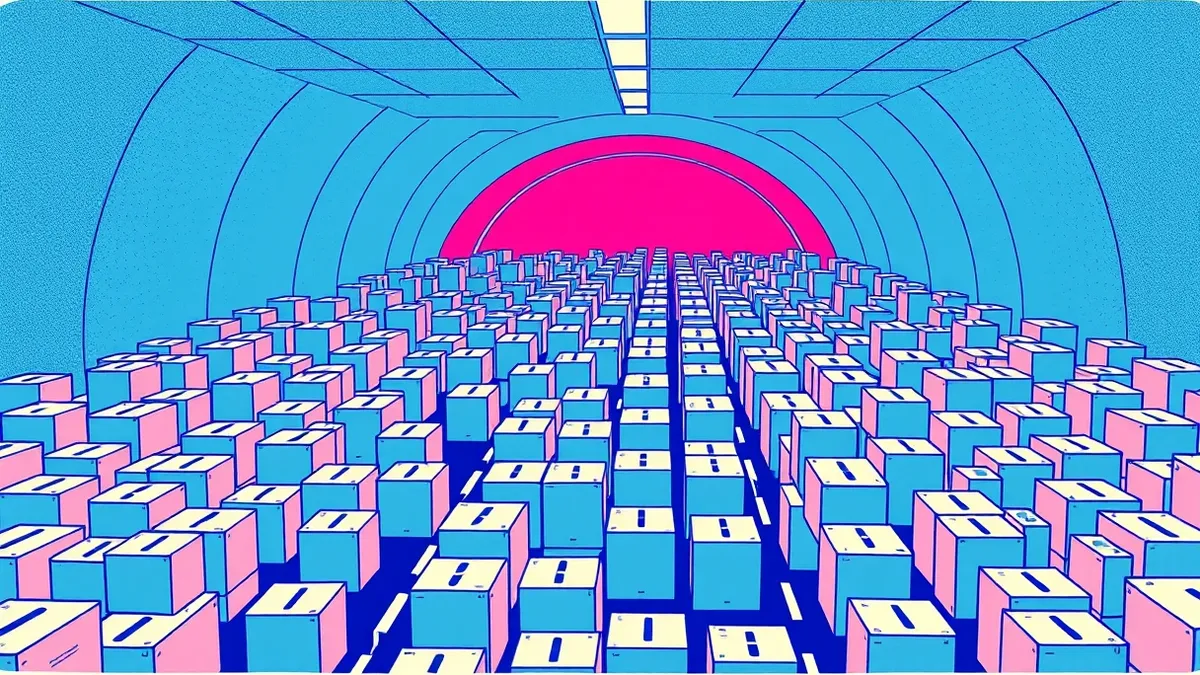 Illustration: A digital highway clogged with identical white boxes moving toward a single tunnel entrance.