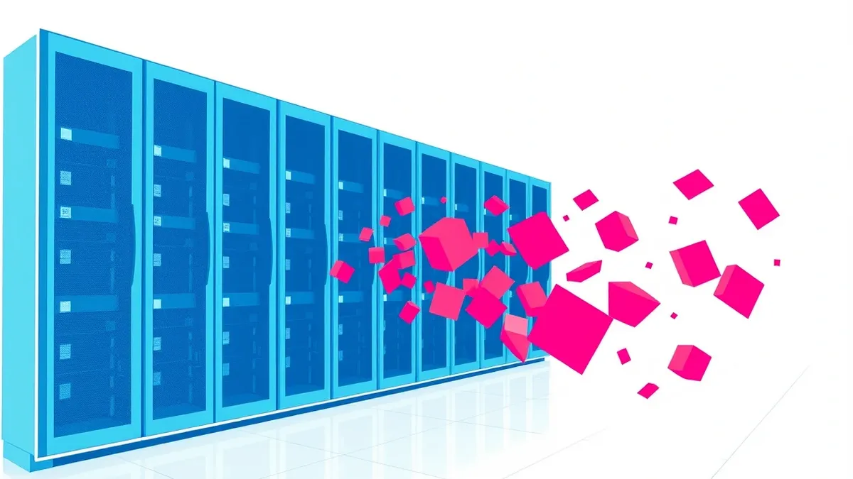 Illustration: A transparent glass barrier halts a stream of colorful geometric shapes before they enter a server cluster.