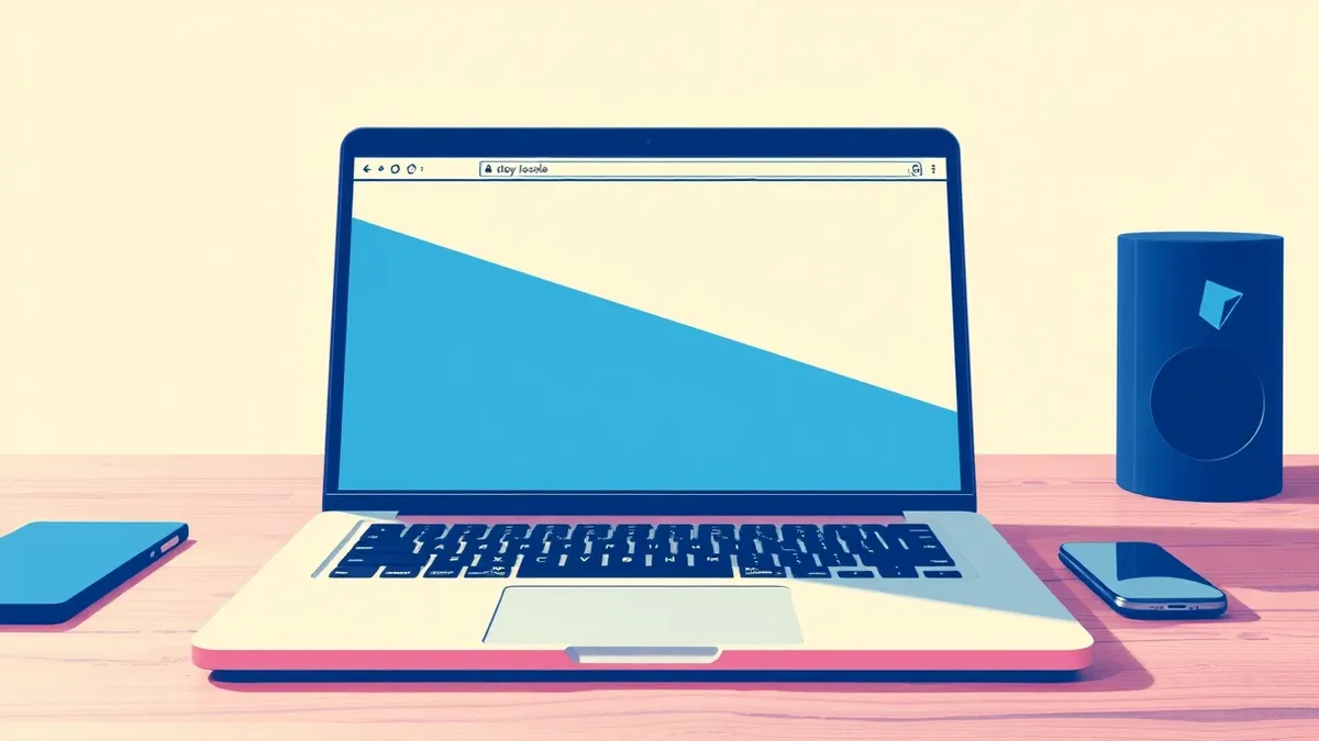 Illustration: A sleek laptop sits on a wooden desk with a web browser window open.