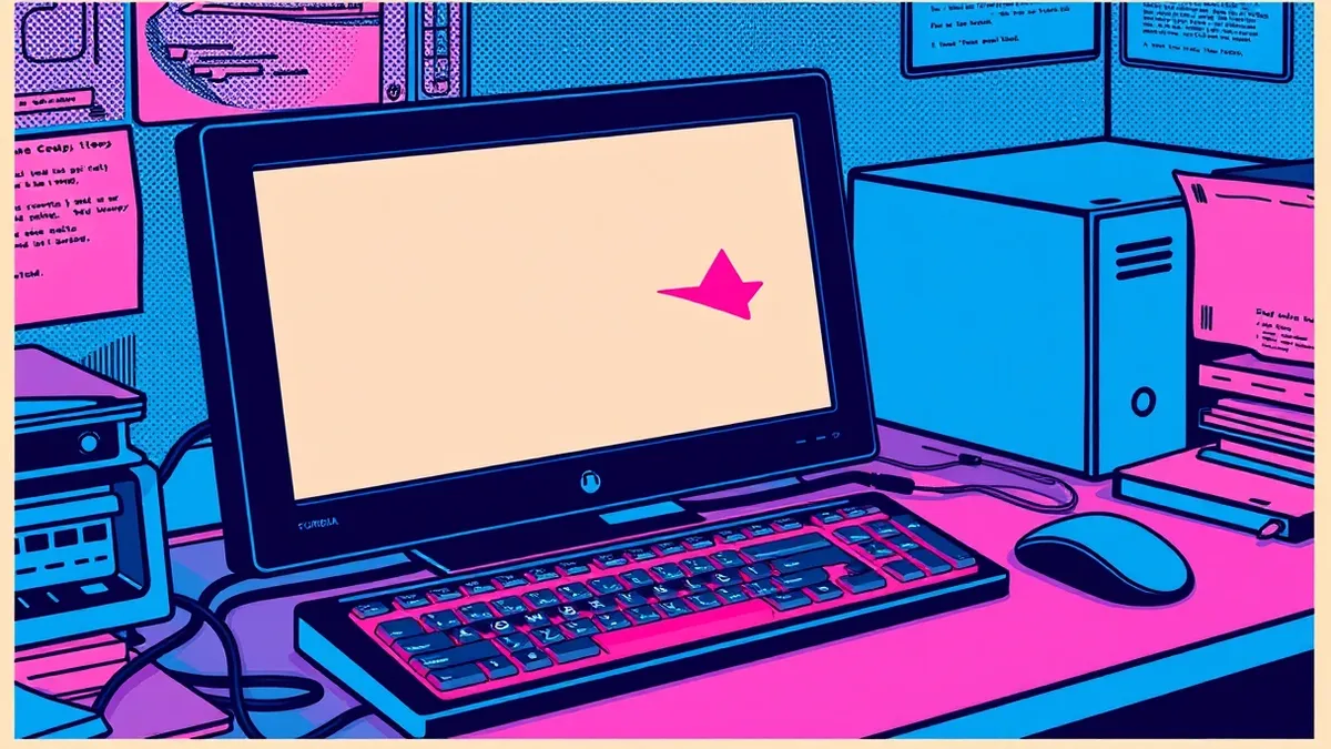 Illustration: A sleek black security console sits on a cluttered desk beside a glowing keyboard.