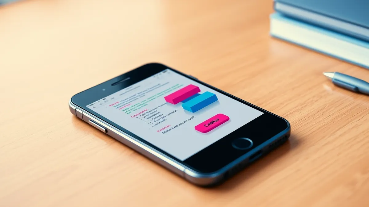 Illustration: A sleek smartphone rests on a wooden desk, displaying a clean interface with stacked, colorful geometric blocks representing code snippets.
