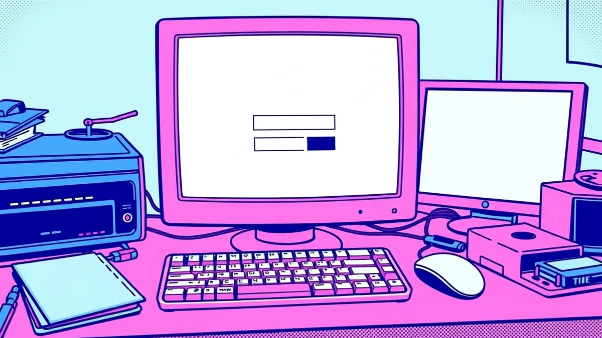 Illustration: A blank computer monitor sits on a cluttered desk, displaying a simple login interface with empty fields.