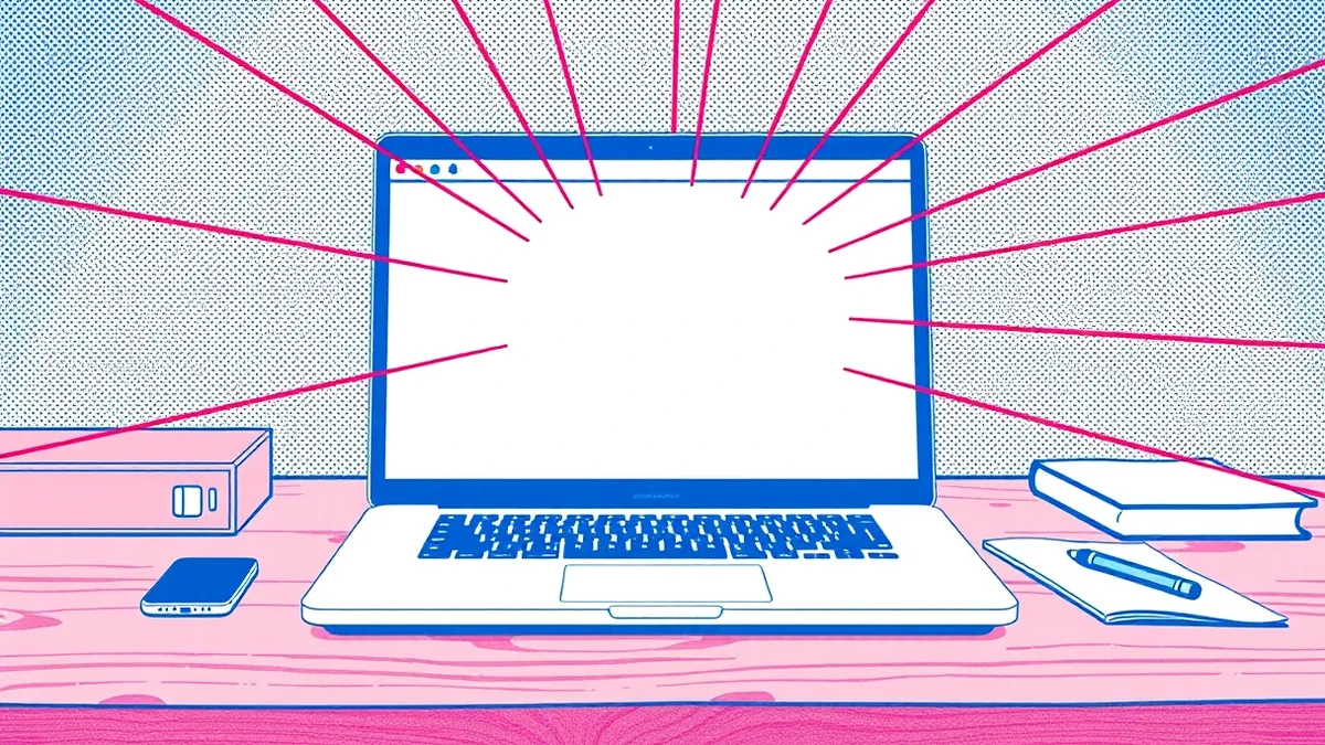 Illustration: A sleek silver laptop sits on a polished wooden desk with its screen displaying a blank white browser window.
